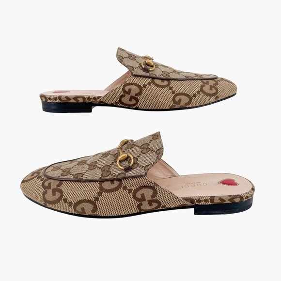Gucci Beige GG Jumbo Princetown Mules Size 41 US 11 Women Horsebit Canvas Flats - Picture 6 of 13